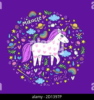 Niedliches handgezeichnetes Einhorn. Einhorn und Magie Zeug. Wunder und magische Kreatur. Stock Vektor