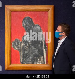 Bonhams, New Bond Street, London, Großbritannien. Oktober 2020. Bonhams' Vorschau auf den Verkauf moderner und zeitgenössischer afrikanischer Kunst in der New Bond Street umfasst Werke von Amoako Boafo, William Kentridge, Chéri Samba und Benedict Chukwukadibia Enwonwu M.B.E. Der Londoner Verkauf findet am 8. Oktober statt. Bild: Bertina Lopes (Mosambikaner, 1924-2012), 'Che non muore Mai e tutto ricorda il popolo' (das stirbt nie, die Menschen erinnern sich an alles). Schätzung: £ 4,000 - 6,000. Quelle: Malcolm Park/Alamy Live News. Stockfoto