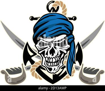 Piratenschädel mit Anker, Seil und gekreuzten Schwertern isolierte Vektor-Illustration Stock Vektor