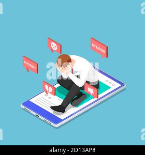 Flat 3d Isometric deprimiert Geschäftsmann sitzt auf dem Smartphone mit Hassrede aus Social Media. Social Network und Cybermobbing Konzept. Stock Vektor