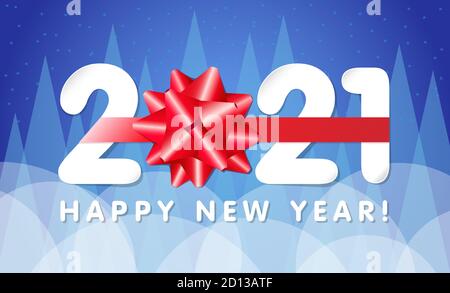 Papier 2021 Zahlen mit roter Geschenkschleife Happy New Year Schriftzug. 20 & 21 Inschrift und Grußtext, Vektor Illustration für Weihnachtsbanner Stock Vektor