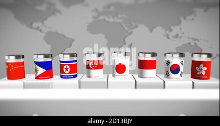 Länder aus Asien als Impfstoffe vor hellgrauer Weltkarte dargestellt, 3D-Illustration Stockfoto