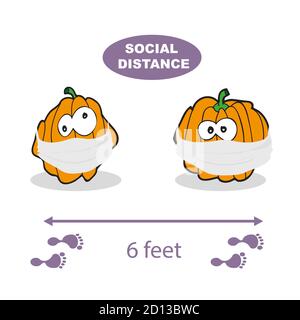 Soziale Distanzierung. Vektorgrafik auf weißem Hintergrund. Kürbis trägt eine Gesichtsmaske. Covid-19 Virus, Halloween-Vektor Stock Vektor