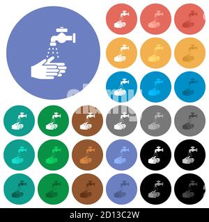 Mehrfarbige flache Symbole für die Handwäsche auf runden Hintergründen. Weiße, helle und dunkle Symbolvarianten für schwebe- und aktive Statuseffekte sowie bo enthalten Stock Vektor