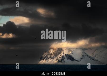 Dunkle Wolken und etwas Licht an einem stürmischen Morgen am Lonsvik Fjord. Stockfoto