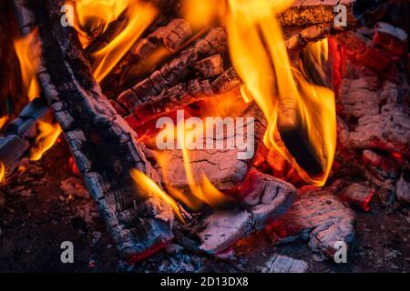 Brennendes Brennholz, glühende Holzstämme, Feuer und Flammen Nahaufnahme. Brennendes Holz für einen Grill Stockfoto