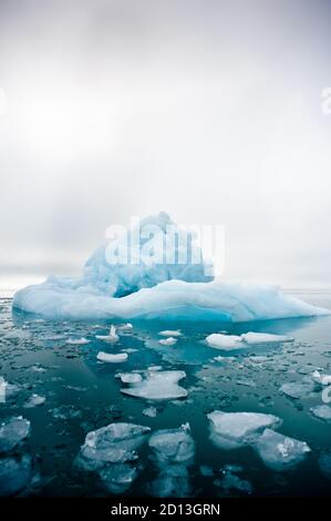 Eine weite, niedrige Ansicht von schmelzenden Meereisschollen In den stillen Gewässern der Nordarktischen mit dem Eisberg und der Eiszeit Wand im Hintergrund Stockfoto