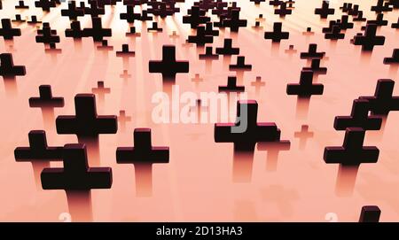 Viele Kreuze auf dem Friedhof in Dunst, halloween Hintergrund, 3d Render Stockfoto