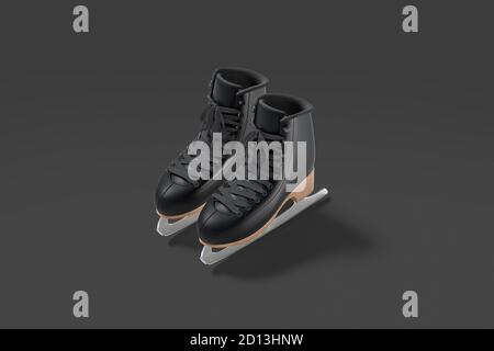 Leere schwarze Schlittschuhe Mockup Paar, dunkler Hintergrund Stockfoto