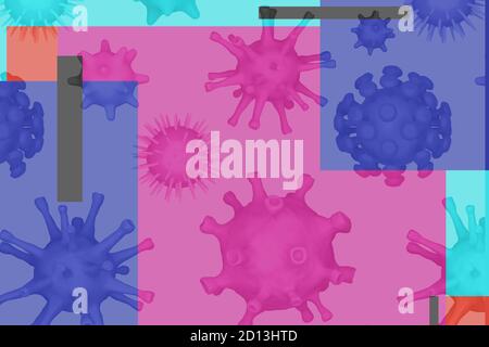 Verschiedene Arten von Viren, Coronavirus, COVID-19, Herpes, Geschwindigkeit hiv auf farbigem Hintergrund. Erregerviren. 3d-Illustration Stockfoto