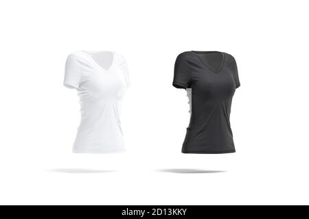 Blank schwarz und weiß Frauen Slimfit T-Shirt Mockup, Seitenansicht Stockfoto