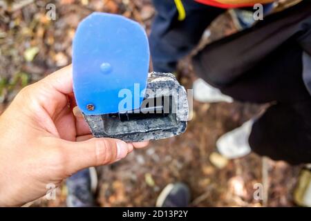 Geocache versteckt in einem Wald von Suchenden gefunden Stockfoto