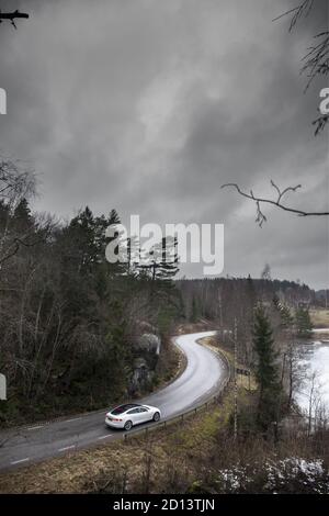 Tesla Model S - P85 - Roadtrip von London nach Oslo mit dem Supercharger Netzwerk, Februar 2015 Stockfoto