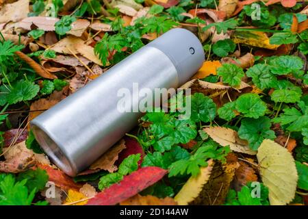 Ein Deodorant, der in einem Aluminium auf den Rasen geworfen wird Dose liegt auf dem Gras mit Herbstblättern Stockfoto