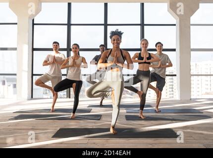 Gruppe Von Sportlichen Tun Baum Pose Übung Beim Üben Vrksasana Yoga Stockfoto