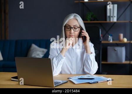 Lächelnd ältere grauhaarige schöne Geschäftsfrau, die im Büro telefoniert. Geschäftsporträt der attraktiven reifen Dame trägt Brillen Stockfoto