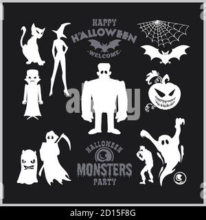 Set von Monstern für Halloween. Eine Kollektion von weißen Silhouetten mystischer Kreaturen. Vektor-Illustration von Monstern und Hexen. Stock Vektor