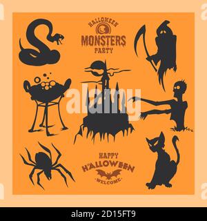 Set von Monstern für Halloween. Eine Sammlung von schwarzen Silhouetten mystischer Kreaturen. Vektor-Illustration von Monstern und Hexen. Stock Vektor