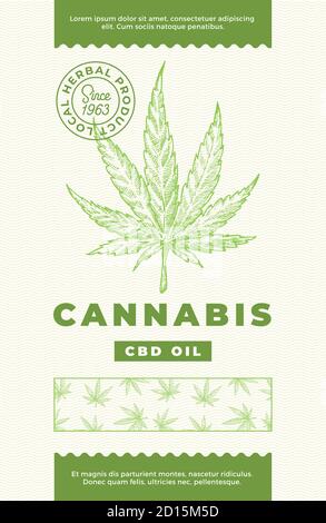 Hanf CBD Öl abstrakt Vektor Design Label. Moderne Typografie und handgezeichnete Cannabis Blatt Skizze Muster Silhouette Hintergrund Layout. Stock Vektor