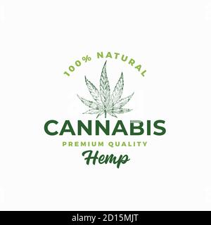 Premium Qualität Hanf. Abstraktes Vektor-Zeichen, Symbol oder Logo-Vorlage von Cannabis. Handgezeichnete grüne Marihuana Leaf Sketch Silhouette mit Retro Typografie Stock Vektor