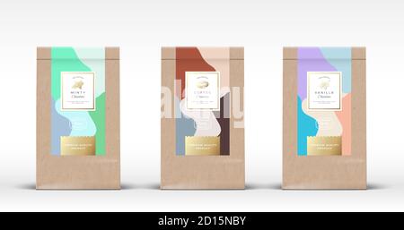 Bastelpapierbeutel mit Schokoladenetiketten Set. Abstract Vector Packaging Design Layout mit realistischen Schatten. Handgezeichnete Minze und Vanille Gewürz und Stock Vektor