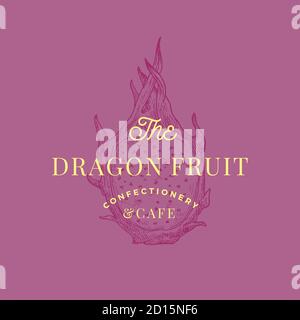 Dragon Fruit Cafe abstrakte Vektor-Zeichen, Symbol oder Logo-Vorlage. Handgezeichnete Skizze Dragonfruit mit Retro Typografie. Klassisches Luxus-Emblem. Stock Vektor