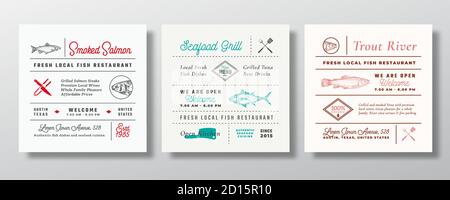 Lokale Fisch und Meeresfrüchte Party oder Restaurant Schilder, Titel oder Menü Dekoration Elemente Set. Retro Typografie Layouts Bundle mit handgezeichneten Forelle, Thunfisch Stock Vektor