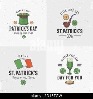 Vintage Style St. Patricks Day Logo oder Label Vorlagen Set. Handgezeichneter Leprechauns Hut mit Münzen, Bier, Flagge und Schamrock Blätter Skizzen mit Stock Vektor