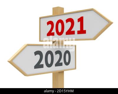 Straßenschild mit 2020-2021 Änderung auf weißem Hintergrund stellt die neue 2021, dreidimensionale Rendering, 3D-Illustration Stockfoto