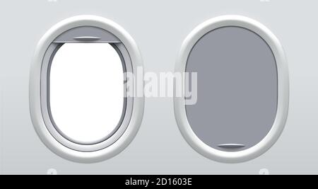 Satz von Vektor realistische Flugzeug Fenster Bullaugen mit Gardinen in zwei Positionen. Leere Flugzeugfenster mit Copyspace innen. Modell für Ihr Design. Stock Vektor