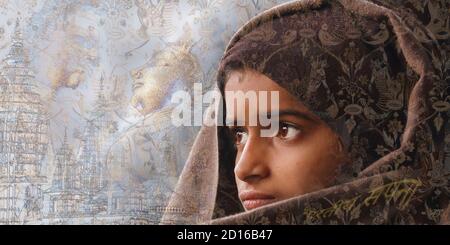 India, Madhya Pradesh, Orchha, girl, fotografische Kompositionsreihe 'Voyage Dreams', die Menschen umrahmt von typischen Elementen ihrer Umgebung darstellt Stockfoto