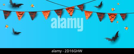Halloween Fledermäuse mit Fahnen Girlande auf blauem Hintergrund. Minimale kreative Banner oder Party-Einladung Stock Vektor