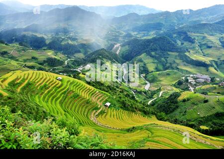 Reisterrassen MuCangChai, Yen Bai, Vietnam - die Jahreszeit des reifen Reises - die Wunder der Bauern Stockfoto