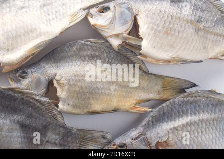 Trockener Flussfisch auf weißem Hintergrund. Salziges Bier als Vorspeise. Getrockneter Karpfen mit Salz Stockfoto