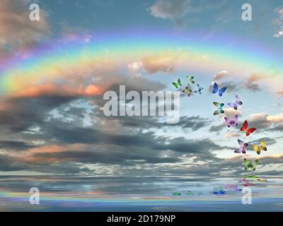 Natürlicher Hintergrund mit Schmetterlingen und Regenbogen im Meer Reflexion Stockfoto