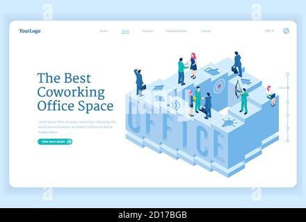 Coworking Office Space isometrische Landing Page. Geschäftsleute arbeiten, kommunizieren, entwickeln neue Projekte und Ideen in speziellen Bereich Arbeitsplatz für Team-Zusammenarbeit und Aktivität, 3d-Vektor-Web-Banner Stock Vektor
