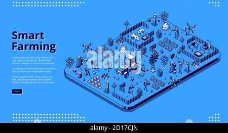 Smart Farming-Banner. Landwirtschaftliche Technologien und Innovationen, Automatisierungssystem für den Anbau von Pflanzen. Vektor isometrische Illustration des modernen Feldes mit Roboter, Sonnenkollektoren, Windturbine und Drohne Stock Vektor