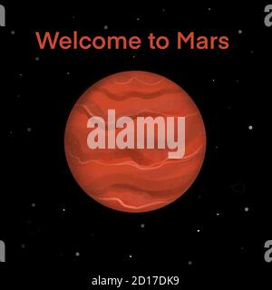 Illustration der Besiedlung des Mars. Poster oder Website-Seite. Bunte Illustration des roten Planeten im Raum auf dunklem Hintergrund mit Sternen. Weltraumforschung. Stockfoto
