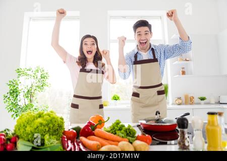 Portrait von seinem er sie zwei schöne attraktive fröhlich Fröhlich überglücklich froh Ehegatten Vorbereitung gesunde hausgemachte Gericht Salat mit Spaß, sich zu freuen Stockfoto