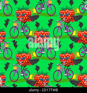Nahtlose Muster von reifen Erdbeeren in Sonnenbrille Regenmantel Fledermaus auf Fahrrad Fahrten Halloween grünen Hintergrund. vector imag Stock Vektor