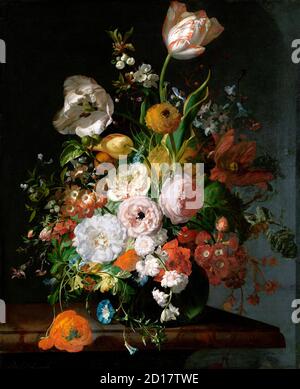 Stillleben mit Blumen in einer Glasvase von Rachel Ruysch (1664-1750), Öl auf Leinwand, ca. 1690-1720 Stockfoto