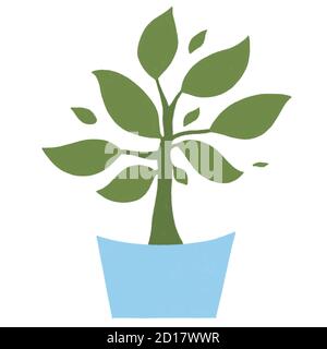 Home Pflanze in einem blauen Topf. Baum in einem Topf isoliert Illustration. Gartenkonzept. Ökologie und Landschaftsgestaltung. Waldschutz-Symbol. Urban Jungle und moderne grüne Stadt Konzept. Blumenladen Logo Stockfoto
