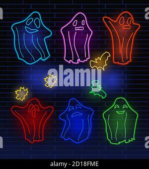 Setzen Sie Neon Geister, Fledermäuse und Herbstblatt. Konzept Halloween, Monster, Geist. Charakter halloween aus einer anderen Welt. Helle Neon-Schilder, Lichtbanner. Vektorgrafik. Stock Vektor