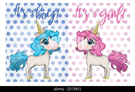 Baby Dusche Grußkarte mit niedlichen Cartoon Einhorn Mädchen und Junge Stock Vektor