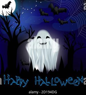 Frohe Halloween. Geister, Fledermäuse und heller Mond auf dunklem Hintergrund. Charakter halloween aus einer anderen Welt, das Jenseits. Vektorgrafik. Stock Vektor