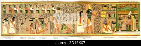 Für die alten Ägypter erzählt das Totenbuch von dem Weg, den die Toten in die Unterwelt gehen müssen. Dieses Bild ist ein Teil des Buches, das dem Schreiber Ani gehörte.der Papyrus Ani, wie der Papyrus heute genannt wird, stammt aus etwa 1275-1250 v. Chr., der Zeit der 19. Dynastie während des Neuen Reiches. Links ist der Schreiber Ani, der hier in weiß gekleidet erscheint, mit seiner Frau, die ebenfalls in weiß gekleidet ist und ein Sirum hält. Die beiden werden in der Gegenwart der Götter, die sie richten werden, verbeugt dargestellt. Die drei Figuren an der Spitze sind Teil der Jury, die ihr Handeln beurteilen wird. Weiter, t Stockfoto