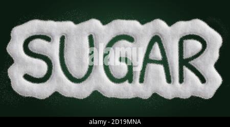 Zucker geschrieben mit Zuckerpulver - Draufsicht. Realistische Illustration mit Zuckerkörnern vor dunklem Hintergrund geschrieben. Einfach zu isolieren. Stockfoto