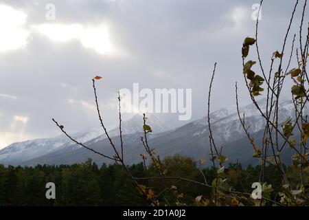 Berge von Arshan, Russland aus gesehen, bedeckt mit dicken Wolken Stockfoto