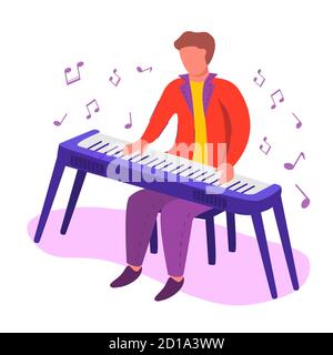 Männliche Pianist Cartoon-Figur über E-Piano. Musical Keyboard Synthesizer Instrument. Stock Vektor