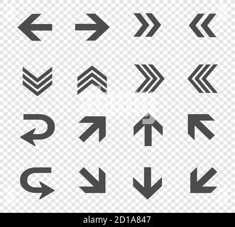 Großer Vektorsatz von Richtungspfeilen auf transparentem Hintergrund. Pfeil nach oben, unten, links und rechts Stock Vektor